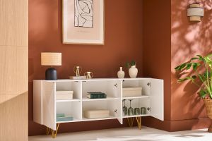 Buffet design blanc et métal doré 3 portes L160 cm OZEN