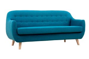 Canapé scandinave déhoussable 3 places en tissu bleu canard et bois clair YNOK
