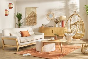 Canapé scandinave 2 places en tissu beige et bois clair YOKO