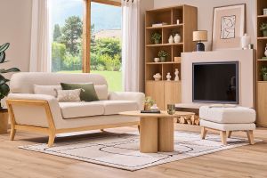 Canapé scandinave 2 places en tissu beige et bois clair YOKO