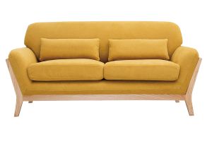 Canapé scandinave 2 places en tissu effet velours jaune moutarde et bois clair YOKO