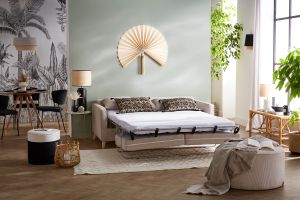 Canapé convertible scandinave 3 places en tissu beige et bois clair avec matelas 10 cm PAPEL