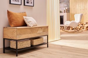 Banc d'entrée industriel avec coffre de rangement en bois massif et métal noir L100 cm SORG