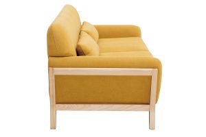 Canapé scandinave 3 places en tissu effet velours jaune moutarde et bois clair YOKO
