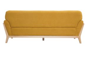 Canapé scandinave 3 places en tissu effet velours jaune moutarde et bois clair YOKO