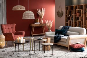 Canapé scandinave 3 places en tissu effet velours jaune moutarde et bois clair YOKO