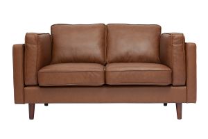 Canapé vintage 2 places cuir marron et bois foncé BRADLEY