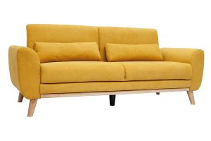 Canapé scandinave 3 places en tissu effet velours jaune moutarde et bois clair EKTOR