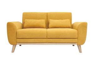 Canapé scandinave 2 places en tissu effet velours jaune moutarde et bois clair EKTOR