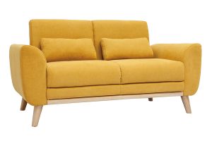 Canapé scandinave 2 places en tissu effet velours jaune moutarde et bois clair EKTOR