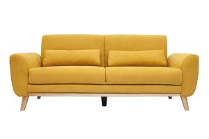 Canapé scandinave 3 places en tissu effet velours jaune moutarde et bois clair EKTOR