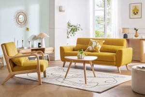 Canapé scandinave 3 places en tissu effet velours jaune moutarde et bois clair EKTOR