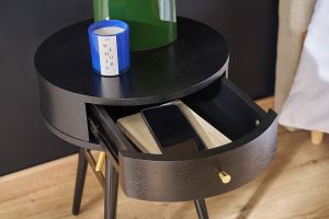 Table de chevet ronde avec tiroir bois et métal noir KORAL