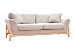 Canapé scandinave 3 places en tissu effet velours texturé beige et bois clair ASAKO
