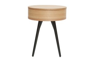 Table de chevet ronde avec tiroir bois clair et métal noir KORAL