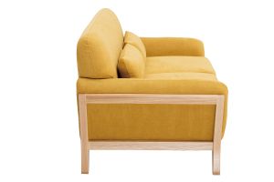 Canapé scandinave 2 places en tissu effet velours jaune moutarde et bois clair YOKO