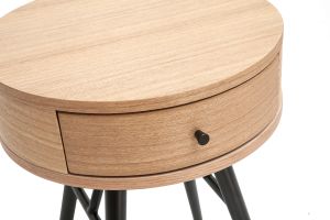 Table de chevet ronde avec tiroir bois clair et métal noir KORAL