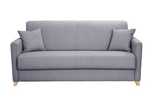Canapé convertible 3 places en tissu gris clair et bois clair avec matelas 13 cm SKANDY