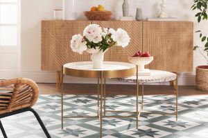 Table basse ronde design en terrazzo et métal doré D55 cm MEZZO