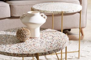 Table basse ronde design en terrazzo et métal doré D55 cm MEZZO