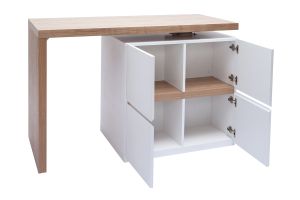 Îlot - table de bar modulable avec rangement blanc mat et bois clair chêne L140-165 cm MAX
