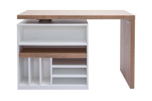 Îlot - table de bar modulable avec rangement blanc mat et bois clair chêne L140-165 cm MAX