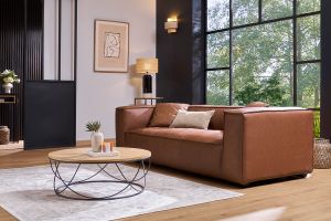 Canapé vintage 3 places cuir marron et bois noir COBAIN