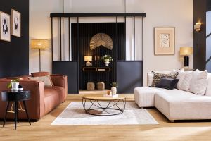Canapé vintage 3 places cuir marron et bois noir COBAIN