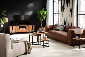 Canapé vintage 3 places cuir marron et bois noir COBAIN