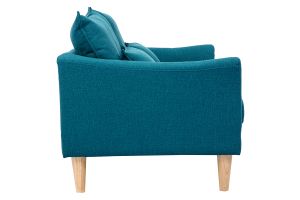 Canapé scandinave 2 places en tissu bleu canard et bois clair KATE