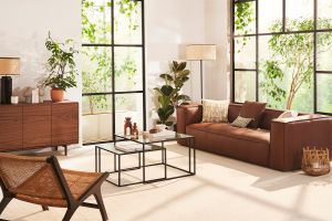 Canapé vintage 3 places cuir marron et bois noir COBAIN