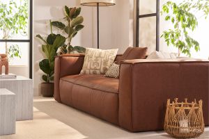 Canapé vintage 3 places cuir marron et bois noir COBAIN