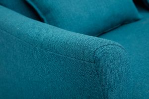 Canapé scandinave 2 places en tissu bleu canard et bois clair KATE