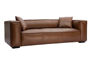 Canapé vintage 3 places cuir marron et bois noir COBAIN