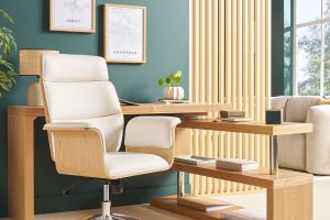 Fauteuil de bureau à roulettes design blanc, bois clair et acier chromé ELON