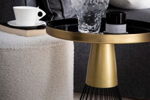 Tavolino da caffè rotondo in acciaio laccato senape e oro D41 cm SPLEEN
