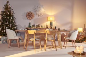 Chaises vintage en bois clair chêne et tissu gris (lot de 2) DOVE