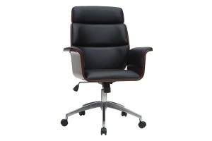 Fauteuil de bureau à roulettes design noir, bois foncé noyer et acier chromé ELON