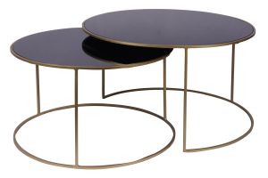 Tables basses gigognes rondes design métal doré et verre teinté noir (lot de 2) ROXO