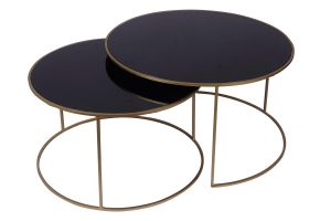 Tables basses gigognes rondes design métal doré et verre teinté noir (lot de 2) ROXO