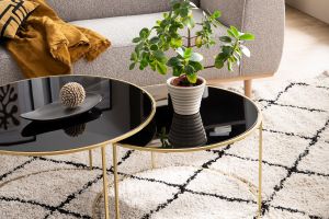 Tables basses gigognes rondes design métal doré et verre teinté noir (lot de 2) ROXO