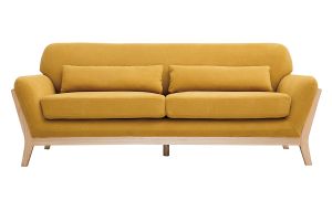 Canapé scandinave 3 places en tissu effet velours jaune moutarde et bois clair YOKO