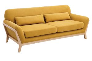 Canapé scandinave 3 places en tissu effet velours jaune moutarde et bois clair YOKO