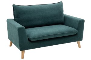 Canapé scandinave 2 places en tissu effet velours bleu canard et bois clair JONAS
