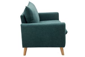 Canapé scandinave 2 places en tissu effet velours bleu canard et bois clair JONAS