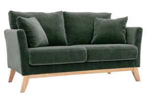 Canapé scandinave déhoussable 2 places en tissu effet velours vert kaki et bois clair OSLO