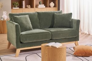 Canapé scandinave déhoussable 2 places en tissu effet velours vert kaki et bois clair OSLO