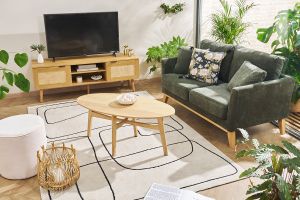 Canapé scandinave déhoussable 2 places en tissu effet velours vert kaki et bois clair OSLO