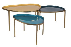 Tables basses gigognes laquées moutarde, bleu canard et bleu (lot de 3) ZURIA