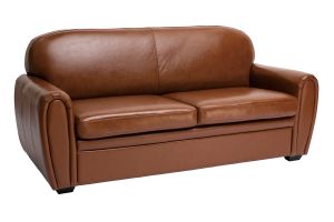 Canapé vintage 3 places cuir marron et bois noir CLUB